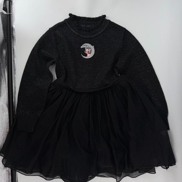 Mini Peace Girls Black Tulle Dress Long Sleeve Moon Embroidered Size 110 - Picture 1 of 4